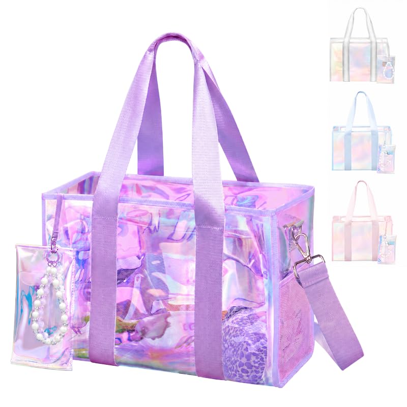 crawing Beach Bag 26L Large Iridescent Waterproof Jelly Tote Bag for Women with Zipper & Phone Pouch Sand/Tip-Proof Crossbody