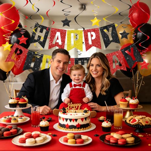 Image of BEISHIDA Red Black Gold Happy Birthday Banner for Kids Cartoon Birthday Decor
