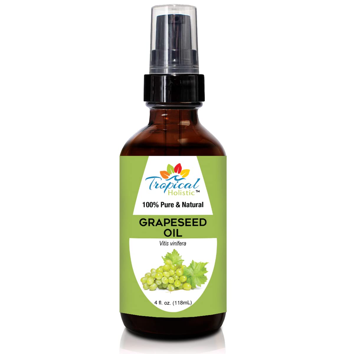 100% Pure Organic Grapeseed Oil 4 oz by Tropical Holistic - All Natural Cold Pressed - Best for Skin, Hair, Massage and Carrier Oil