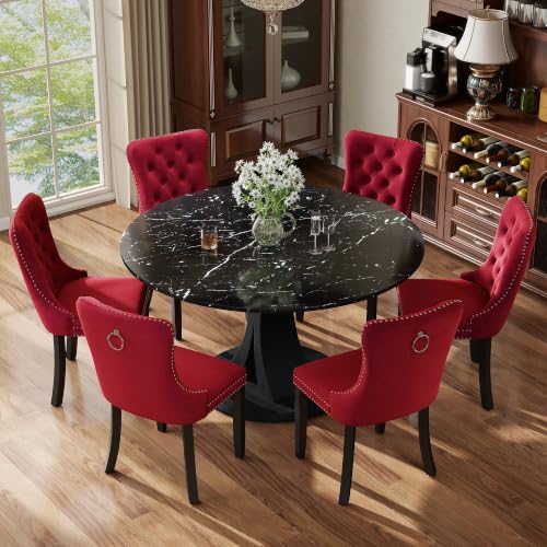 Image of 7-Piece Dining Table Set for 6 with 47 In Black Faux Marble Round Table