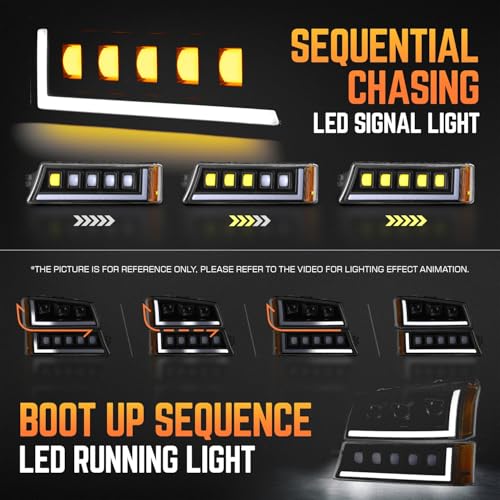 Image of DNA MOTORING Pair Full LED Projector Sequential Headlights Compatible with 03-06 Chevy Silverado 1500 2500 3500 1500HD 2500HD, Start-Up Sequential DRL, Black /Amber, HL-HP8-CSIL03-4P-BK-AM