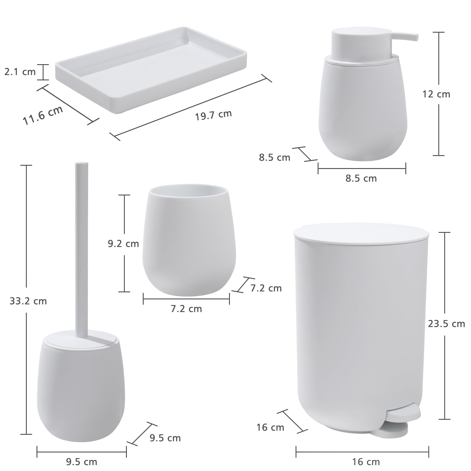 Badset Badezimmer Set Weiß, Modern Badausstattung Sets Organizer, Bad Set Mülleimer Klobürste Seifenspender und Zahnputzbecher Tablett 5 Teiliges (Weiß)