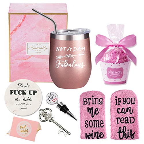 12oz Wine Tumbler Stainless Steel Vacuum Insulated, Fun Birthday Gifts for Women, Wine Gifts Ideas for Her, Friend BFF, Mom, Grandma, Wife, Daughter, Sister, Aunt(Not a Day Over Fabulous- Rose Gold)