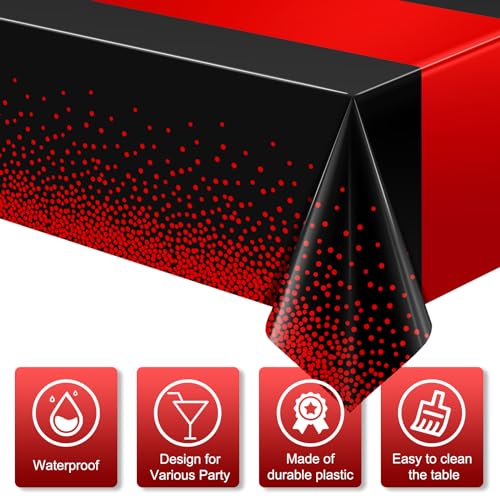 Image of MASHAN 3Pcs Black and Red Tablecloth Party Decorations,Plastic Black Table Cloth Printed Red Table Runner Disposable Rectangle Cover for Birthday Weeding Anniversary Graduation Party,54 x108 Inch