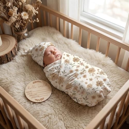Image of Newborn Receiving Nursery Flower Blanket Baby Swaddle Wrap with Hat Set