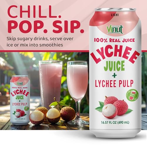 Image of VINUT 100% Natural Lychee Juice Drink with Pulp, Real Lychee Juice, Gluten Free, GMO-Free, 16.57 fl oz, Pack of 6