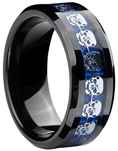AZYOUNG Anillo de compromiso de carburo de tungsteno con incrustaciones de hojas de calaveras de fibra de carbono azul real, 8 mm, fibra de carbono, Sin piedras preciosas