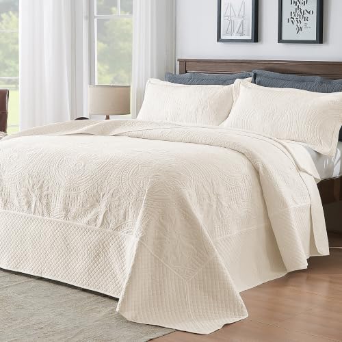 Image of Qucover Queen Bedspread Medallion Quilt Bedding Set 3 Piece Light Beige