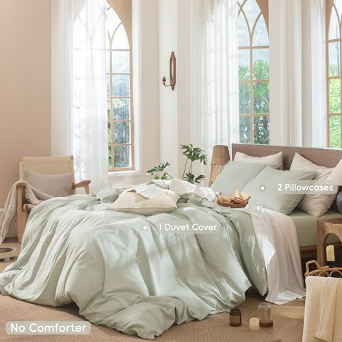 Image of MooMee Striped Duvet Cover Set 100% Washed Cotton Linen Like Queen | Relaxed Linen-like Texture. Soft, Breathable & Long-lasting Comfort. Lightweight. Hidden Zipper with 8 Interior Corner Ties