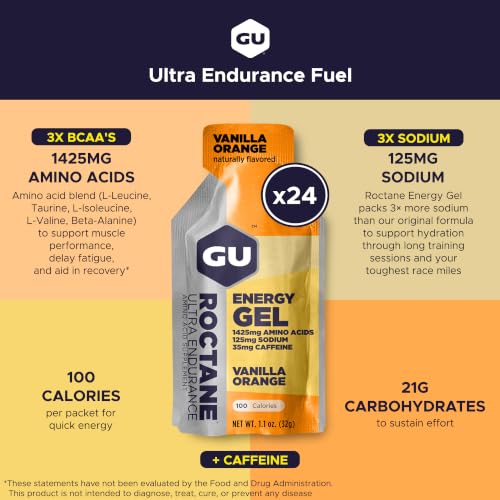 Image of GU Energy Roctane Ultra Endurance Energy Gel, Vegan, Gluten-Free, Kosher, and Dairy-Free On-The-Go Sports Nutrition for Running, Biking, Hiking or Skiing, Vanilla Orange (24 Packets)