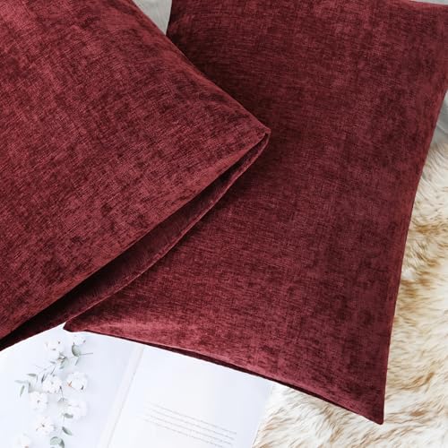 Image of CaliTime Pack of 2 Cozy Standard Pillow Shams Cases for Bed Bedding Decoration Solid Dyed Soft Chenille 20 X 26 Inches Burgundy