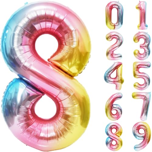Image of Rainbow Number Balloons Birthday Balloons - Giant Number 8 Balloon 40 inch, Numbers Balloon Birthday Decorations, Rainbow Party Supplies for Baby Shower