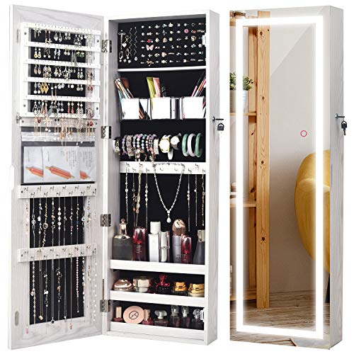 AOOU Jewelry Organizer Hanging Wall Mounted Jewelry Armoire,Full Length Mirror LED Lock Door Jewelry Cabinet with Best Intelligent Switch & Large Storage Capacity, 3 Changeable LED Lights Colors White