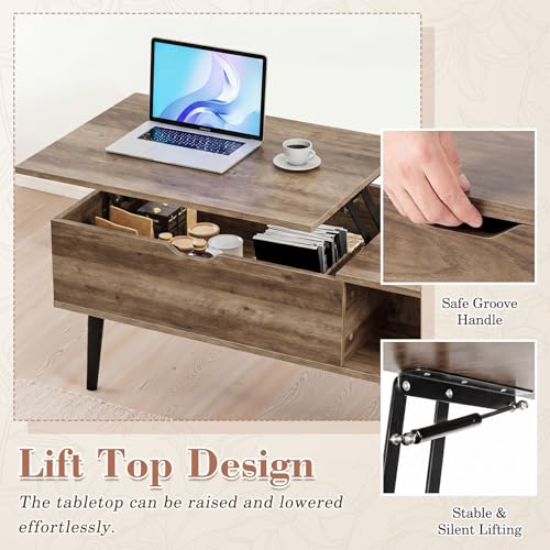 Image of OLIXIS Wooden Coffee Table, Lift Top Coffee Table with Large Hidden Compartment and Ample Storage Shelf, Lift Tabletop Dining Table for Living Room, Home Small Space, Grey