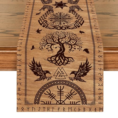 Artoid Mode Holz Wikinger Baum des Lebens Rabe Helm der Ehrfurcht Tischläufer, Saisonnal Tisch Dekoration Drinnen Urlaub Party Dekor 40x180 cm