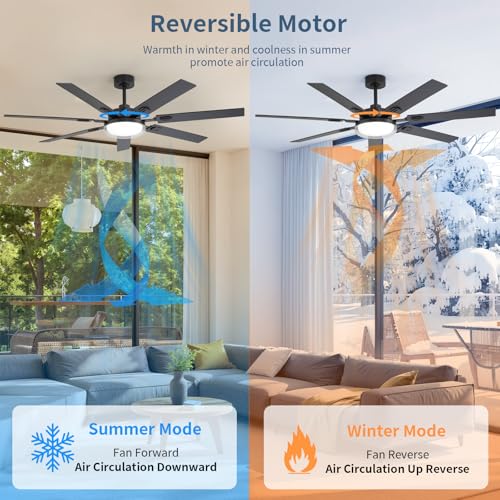 Image of 64 Inch Ceiling Fans with Lights and Remote,Living Room Office Library Cafe Outdoor, 5CCT Dimmable, Dual Color 7 Blades, 6 Speed Reversible Quiet DC Motor, Dual-Layer Shade, Black /Wood Grain