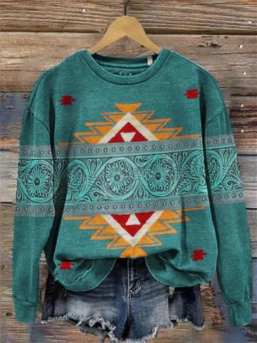Akivide Women's Western Shirts Vintage Cowboys Horse Print Crewneck Long Sleeve Aztec Casual Sweatshirts Loose Tops2