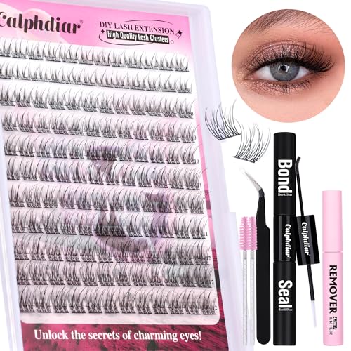 Calphdiar Cluster Lashes Kit Natural Individual Eyelashes Kit C Curl Eyelash Extension Kit 9-12mm Wispy Lash Extension Kit with Bond and Seal Lash Glue,Lash Remover, Lash Tweezers, Eyelash Brush