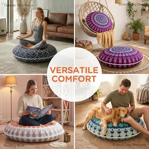 Codi Meditation Floor Pillow Set of 2, Round Large Pillows Seating for Adults, Bohemian Mandala Circle Cushion for Outdoor Fireplace Yoga Living Room, 32 Inch, Memory Foam Added, Purple Orchid NEW - Image 6