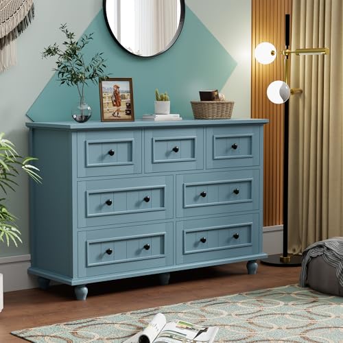 Image of Scurrty Antique Dresser, Modern Chest of Drawers, 7 Drawers Large Cabinet with Storage, Dresser for Clothes in Living Room, Bedroom (Blue)