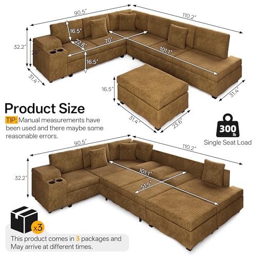 Image of KEIKI 110 inch L-Shaped Oversized Plush Corduroy Modular Sectional Sofa with Pull-Out Bed, Convertible 6-Seater Sleeper Couch Bed with 1 Ottomans & USB & Cup Holders, Easy Assembly, for Living Room, Camel