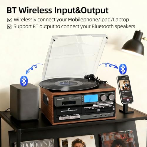 Image of Record Player Built-in Speakers 10 in 1 Vintage Turntable with CD Cassette Tape Player AM FM Radio Function 3 Speed BT Input Output LP Player Support USB SD AUX RCA Playback Auto Stop Retro Wood Brown