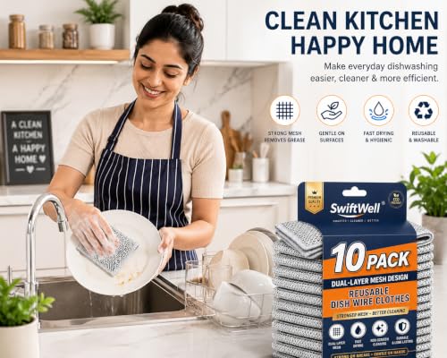 Image of SwiftWell Multipurpose Dish Wire Cleaning Cloths - Pack of 10, Dual-Layer Non-Scratch Mesh Scrubber for Kitchen Utensils, Cookware, and Heavy-Duty Cleaning