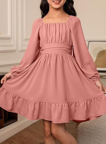 Dokotoo Kids Girls Long Sleeve Ruffle Hem Off Shoulder Dress Cute Square Neck Tie Back Party Birthday Dresses Pink 8-9 Years thumb #1