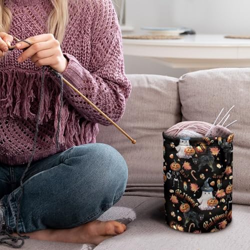 Image of Sellikakes Halloween Ghost Pumpkin Small Yarn Bag Crochet Organizer, Knitting Crochet Storage Bag, Portable Yarn Knitting Bag for Crocheting Project, Store Skein Ball, Short Knitting Needle