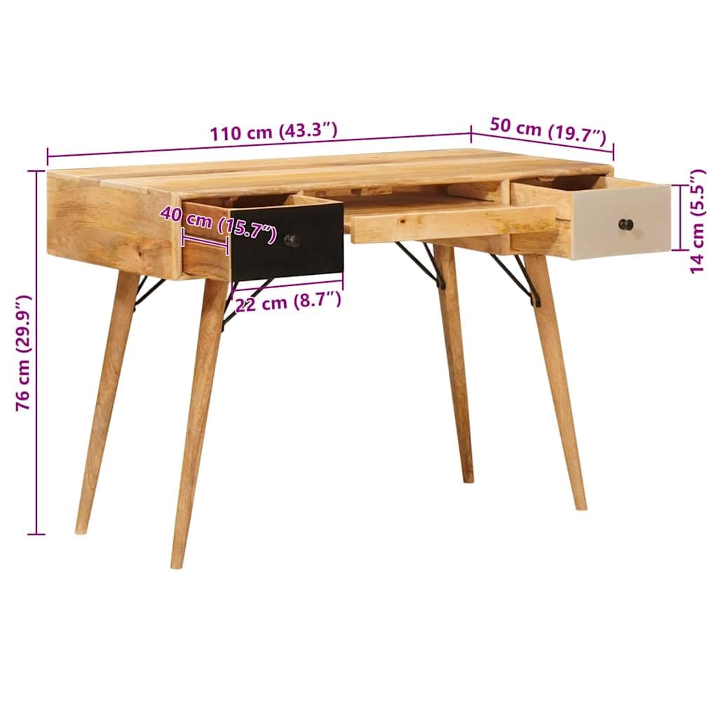 Schreibtisch Braun aus Massivholz Mango 110 x 50 x 76 cm mit 2 Schubladen und Stauraum für Computer, Laptop, Büro, Homeoffice, Lernen und Ordnung