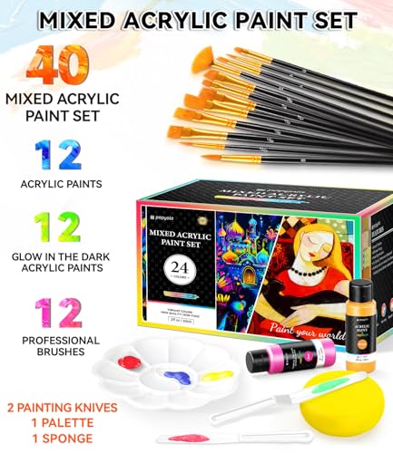 image for POPYOLA 40 PCS Classic & Glow in the Dark Acrylic Paint Set with 12 Br