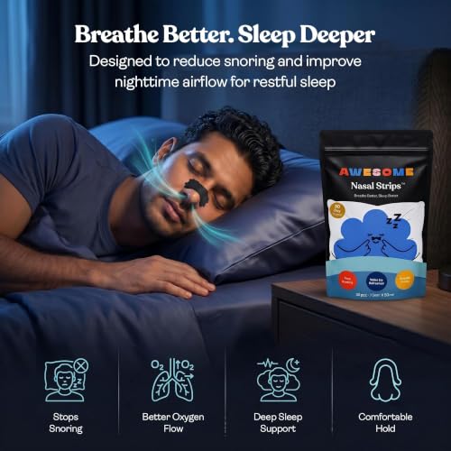 Image of AWESOME Nasal Strips for Breathing & Snoring Relief, 60 Strips - Strong Hold Nose Strips for Better Airflow, Sports Performance & Sleep - Skin-Safe, Sweat-Resistant, CDSCO Approved