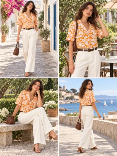 Image of Leriya Fashion Women Short Sleeve Crop Shirt | Notch Cuban Collar Front Button-Up Top | Floral Block Print Pattern Matte Texture Blouse | Casual Regular Fit Ladies Midriff Holiday Comfort
