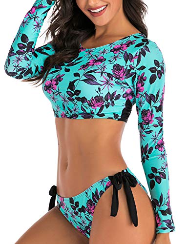JadeRich Women's Fashion Pattern Long Sleeve Tankini Sets UPF 50+ Rash Guard Swimsuit Sun Block Swimwear4