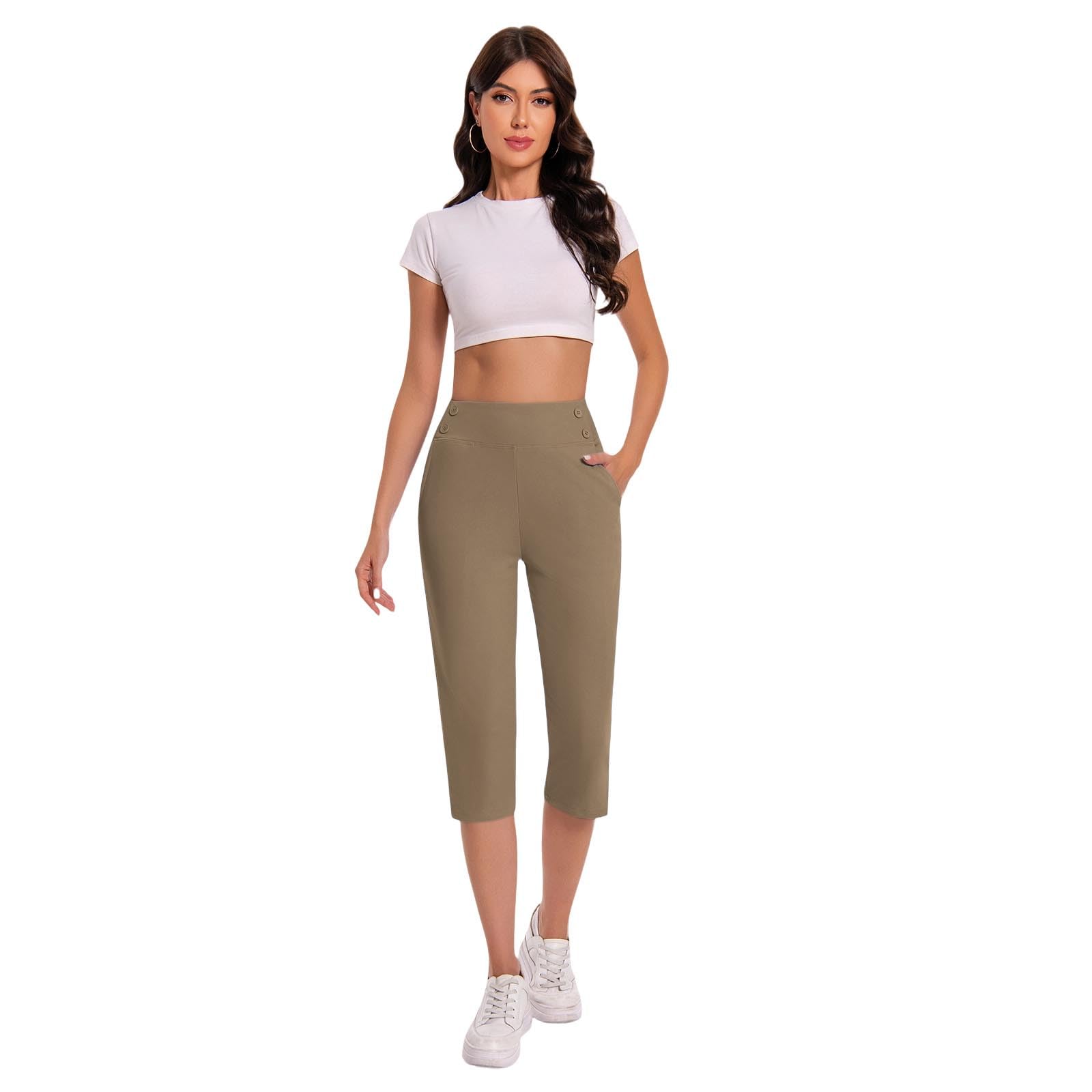 Pantalones de Chándal para Mujer, 3/4 Siete Octavos Elásticos de Cintura Alta, Pantalones de Golf de Corte Recto, Capris Imperdibles para Trabajo, Gimnasio o Running, Tejido Ligero para Verano