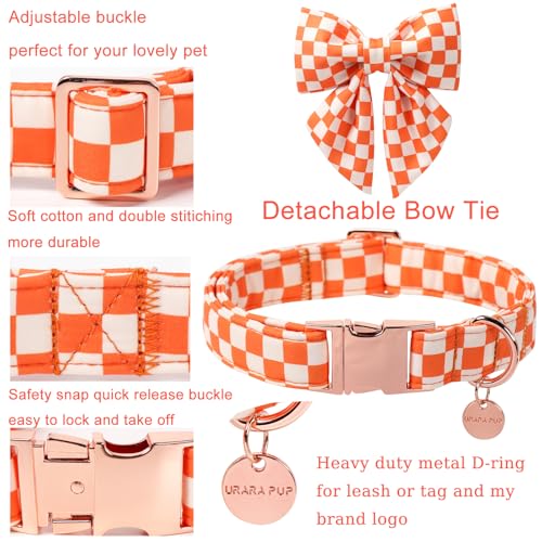 Image of Fall Dog Collar with Bow Tie, Orange Plaid Bowtie Dog Collar, Autumn Bowtie Collars for Puppy Boy Girl Dogs, Comfortable Cotton Dogs Collars with Metal Buckle