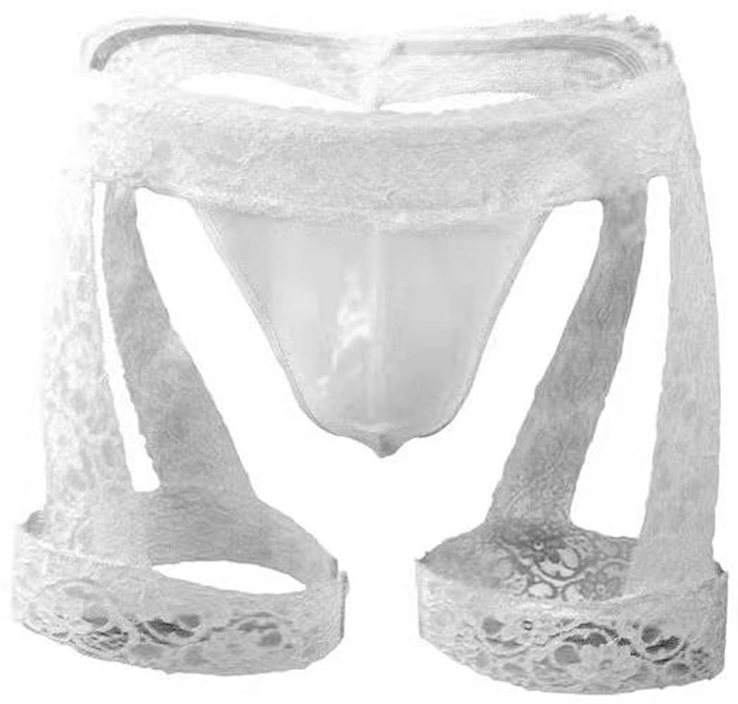 Bommi Fairy Men's Panties Lingerie Lace Low Rise Stretchy G-String Bikini Thong Underwear with Garter (White)