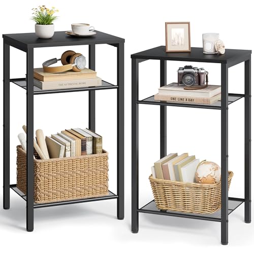 Image of Hoctieon 2-Set 3 Tier End Table, Telephone Table Set of 2, Tall Side Table with Storage Set of 2, Small Nightstand for Small Spaces, Metal Frame, for Living Room, Bedroom, Sofa Couch, Black