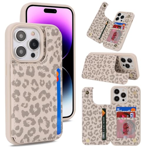 iCoverCase Compatible with iPhone 14 Pro Max Phone Case with Card Holder Wallet Case for Women Men RFID Blocking PU Leather Protective Case 6.7 Inch (Beige Leopard)
