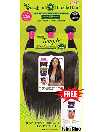 Janet Collection Virgin Remy Human Hair 13x4 Temple Lace & 3PCS Weave Bundle - STRAIGHT (12/14/16, Natural Black)