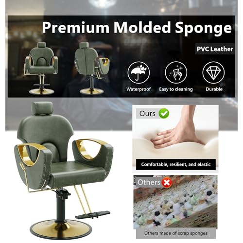 Image of Barber Chair, Reclining Hair Salon Chair, 360 Degrees Swivel Styling Chair, Height Adjustable Hydraulic Shampoo Chairs, Spa Equipment (Green)