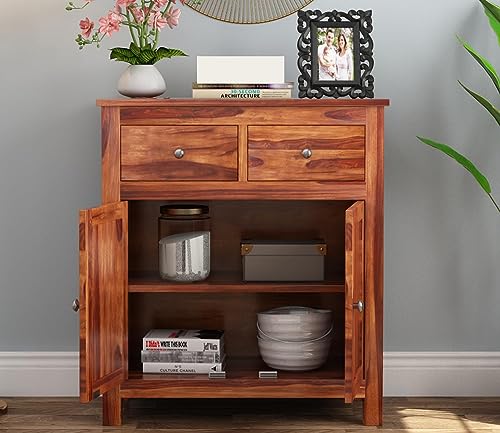 Image of Solid Sheesham Wood Wooden Sideboard Storage Cabinet : Ideal for Living Room and Bedroom with 2 Drawers and 2-Shelf Storage (Clovis, Honey Finish)