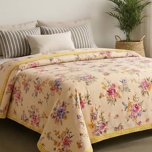 Image of haus & kinder Cotton Dohar for Double Bed Queen Size | Lightweight Summer Blanket AC Dohar | 3 Layer Soft Reversible Cotton Quilt Blanket for Bed | Rose Kawai Brown | 100 x 89 Inches | 144 TC