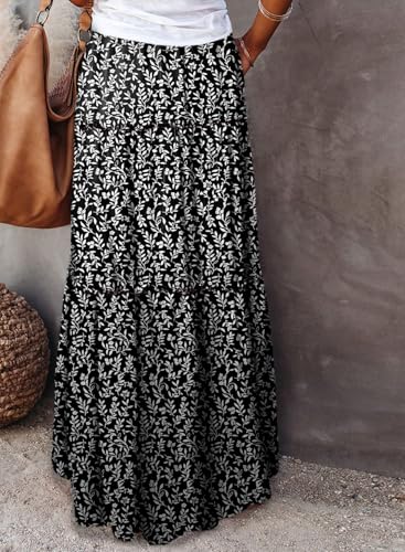 Image of Happy Sailed Womens Floral Print Boho Maxi Skirt Elastic High Waist Pleated Ruffle Flowy Long Skirts S-XL