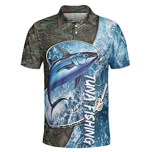 Golf Polo Shirts for Men - Tuna Fishing Mens Golf Shirts Short Sleeve Dry Fit Casual Tennis T-Shirt S27 Size L