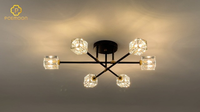 Image of Modern Crystal Semi Flush Mount Ceiling Light Gold Sputnik Chandeliers 6 Lights Industrial 26 inch Chandelier for Foyer Entryway Kitchen Bedroom Living Room Dining Room