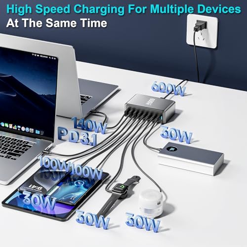 Image of 600W USB C Charger Block, Multi-port Fast USB Charging Station Dual PD 140W GaN Ⅲ Charging Station For Multiple Devices, Laptop Charger Adapter Compatible with MacBook, DELL, iPad, iPhone, Samsung etc