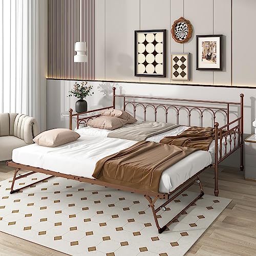 Kuurfuurdo Twin Daybed With Trundle, Metal Daybed With Pop Up Trundle, Day Bed With Trundle Bed Twin, Steel Slat Support Sofa Bed For Kids Teens Adults Living Room, Guest Room, No Box Spring Needed #TOP30