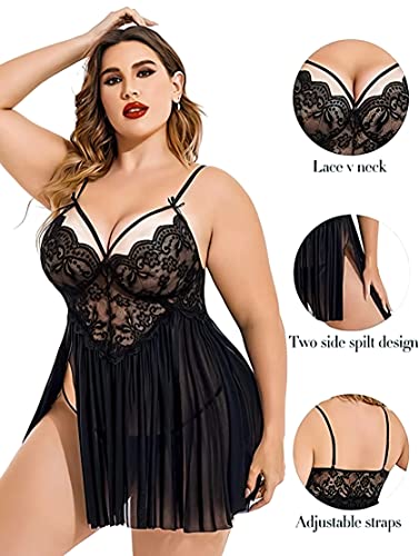 Image of Beautiful Creations Womens Plus Size Lace Floral Knee Length Babydoll Nightwear Set with G-String Panty