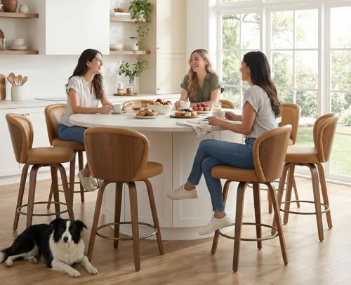 Image of HNY Swivel Counter Height Bar Stools Set of 6, 26 Inch Barstools with Wanlut Wooden Leg and Back, Faux Leather Upholstered Counter Stools for Kitchen Island, Brown